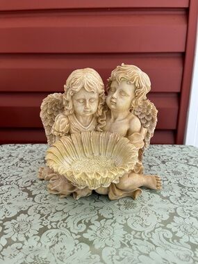 Resin Double Cherub Figurine with Large Sunflower Centerpiece Bowl